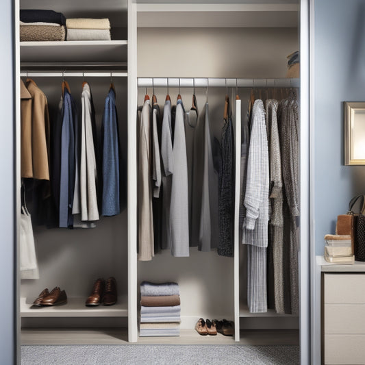 A tidy reach-in closet with a double rod, shelves, and bins, featuring a shoe organizer on the back of the door, a stack of folded clothes on a shelf, and a few hanging garments.
