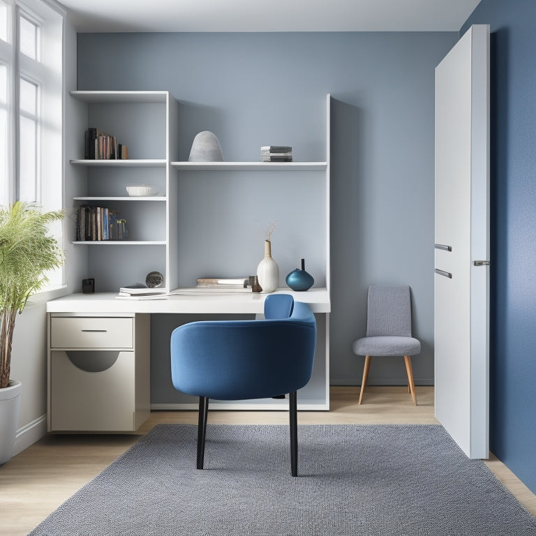 A bright, minimalist room with a sleek, wall-mounted fold-down desk, adjacent to a floor-to-ceiling storage unit with sliding drawers, and a petite, circular pedestal table in the corner.