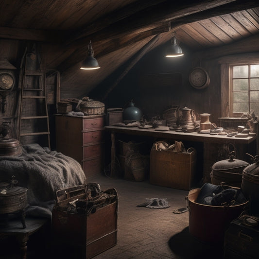 A cluttered, dimly lit attic space with old trunks, dusty antiques, and forgotten heirlooms, surrounded by cobwebs, with a single, faint light source casting shadows on the walls.