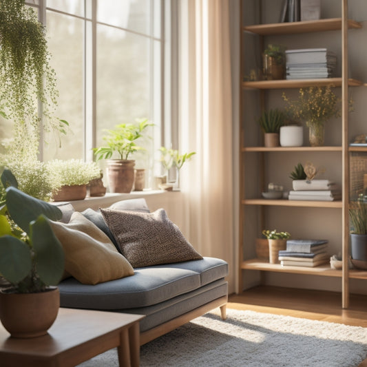 A serene, clutter-free living room with a neatly organized bookshelf, a minimalist coffee table, and a few well-placed potted plants, bathed in warm, soft natural light.