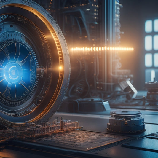 A futuristic, high-tech background with interconnected gears, circuits, and microchips, surrounded by faint blueprints of industrial machinery, with a subtle glow emanating from the center.