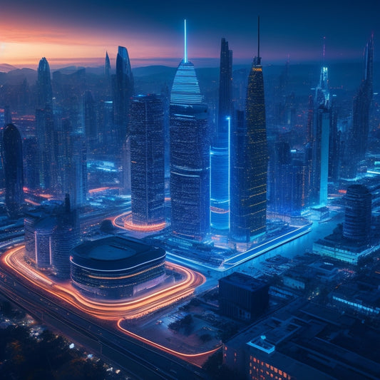 A futuristic, high-tech cityscape at dusk, with sleek skyscrapers and neon lights, featuring a giant, glowing circuit board wrapping around a central tower, pulsing with electric blue energy.