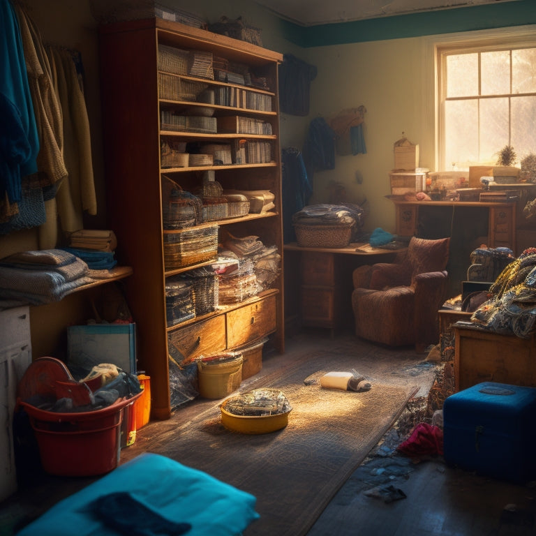 A cluttered room with dusty, broken items, overfilled shelves, and tangled cords, contrasted with a single, open door in the background, symbolizing a blocked path to a bright, sunlit exit.