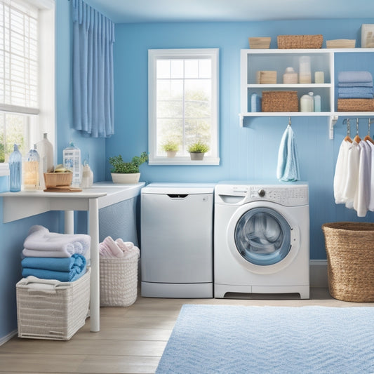 A clutter-free laundry room with a compact washer/dryer, a wall-mounted folding table, and stacked baskets labeled by fabric type, surrounded by calming whites and pastel blues.