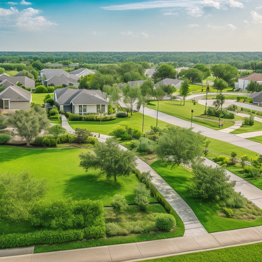 A serene aerial view of a newly developed suburban community in Schertz, with rows of modern, two-story homes, lush green lawns, and meandering streets surrounded by mature trees.