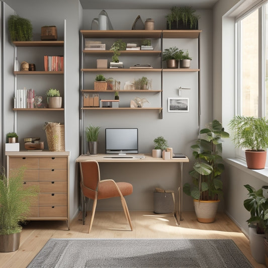 A clutter-free, minimalist studio apartment with a Murphy bed, a compact desk attached to the wall, and a space-saving shelving unit with potted plants and a few decorative items.