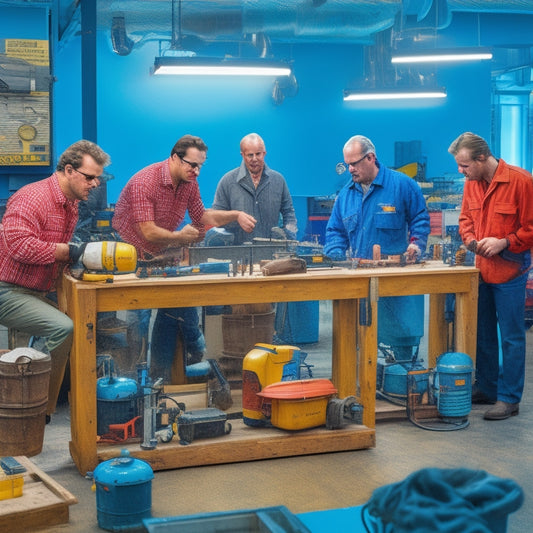 A photograph of a well-organized workshop with various water heaters on workbenches, surrounded by tools and gauges, with a group of professionals in the background, wearing safety goggles and uniforms.