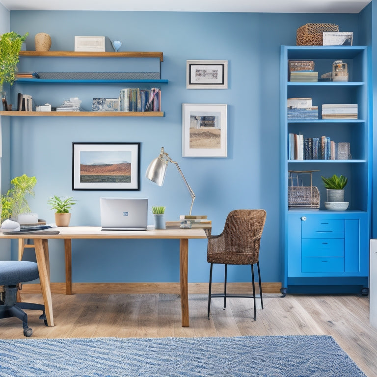 A tidy, modern home office with a desk, chair, and floor-to-ceiling shelves, featuring a laptop, colorful folders, and a few framed prints, surrounded by a subtle, gradient blue background.