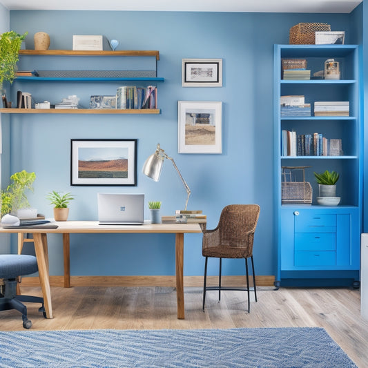 A tidy, modern home office with a desk, chair, and floor-to-ceiling shelves, featuring a laptop, colorful folders, and a few framed prints, surrounded by a subtle, gradient blue background.