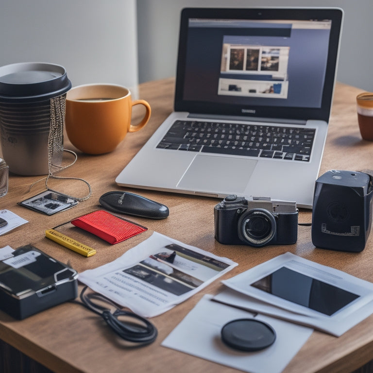 A cluttered desk with tangled cords, a laptop with a cracked screen, and a broken external hard drive, surrounded by scattered papers and empty coffee cups, contrasted with a minimalist digital storage icon.