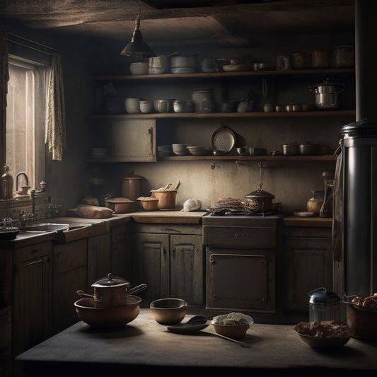 A dimly lit kitchen with a warm glow, dusty cobwebs clinging to the top of cabinets, forgotten appliances and mysterious containers stacked haphazardly, with a few stray utensils hanging precariously from the edge.