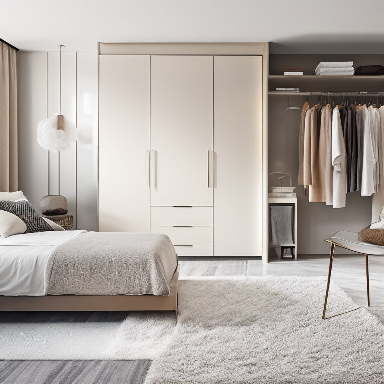 A modern, minimalist bedroom with a sleek, floor-to-ceiling closet system featuring sliding glass doors, wooden shelves, and chrome accents, surrounded by a neutral color palette and plush area rug.