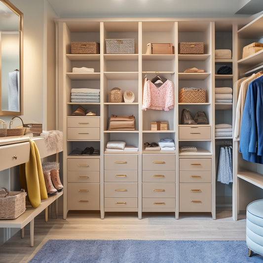 A serene, walk-in closet with soft, warm lighting, featuring a mix of open shelves, drawers, and rods in a calming color palette, with neatly arranged clothes, shoes, and accessories.