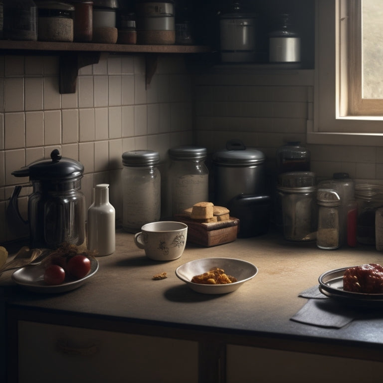 A dimly lit kitchen with shadows cast on worn countertops, a forgotten jar of expired jam behind a toaster, and a crumb-covered crack between the wall and counter.