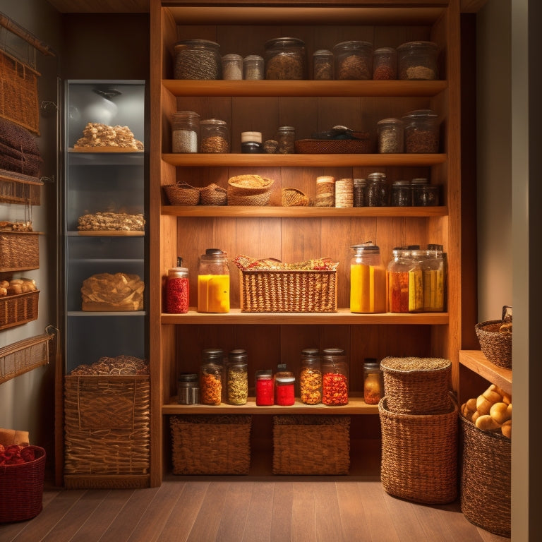 A tidy pantry with adjustable shelves, wicker baskets, and glass jars containing labeled spices, canned goods, and snacks, illuminated by a string of fairy lights and a natural wood accent wall.