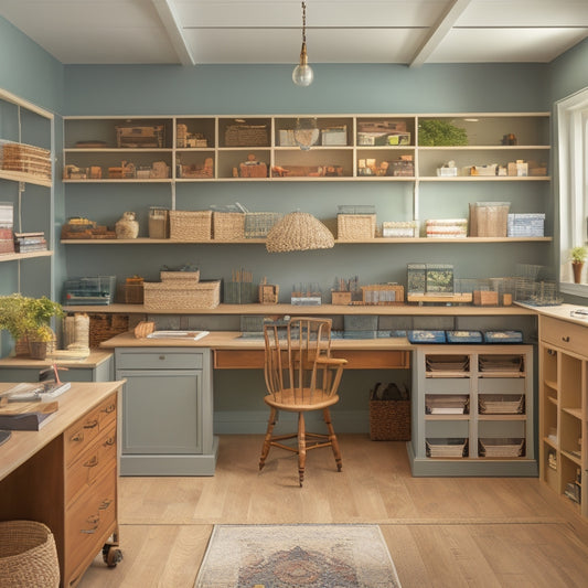 A serene craft room with a large, wooden worktable in the center, surrounded by floor-to-ceiling shelves and cabinets with labeled compartments, baskets, and bins in a calming color scheme.