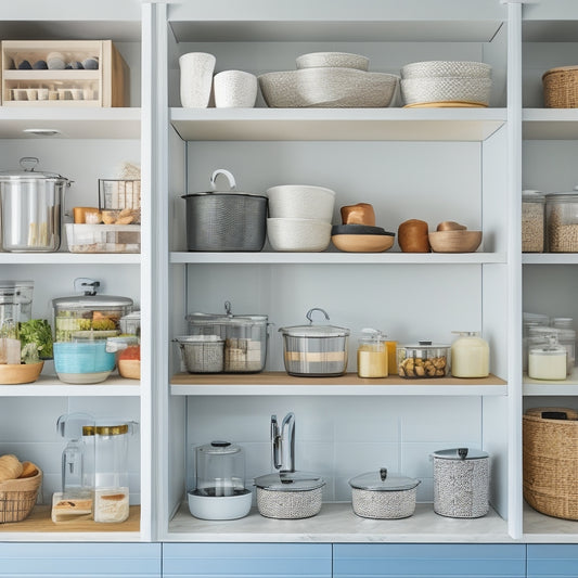 A well-organized kitchen base cabinet withpull-out drawers, baskets, and shelves, showcasing a variety of cookware, utensils, and ingredients, with soft, warm lighting and a clean, white background.