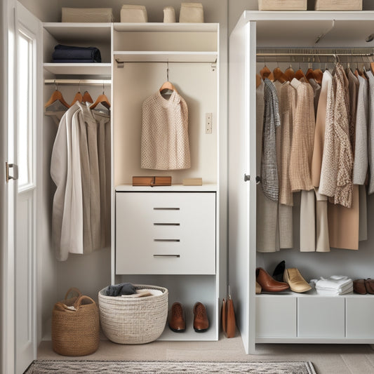 An organized closet interior with a neutral background, featuring a few, neatly hung garments, a minimalist shoe rack, and a few, carefully placed storage bins, illuminated by soft, natural light.