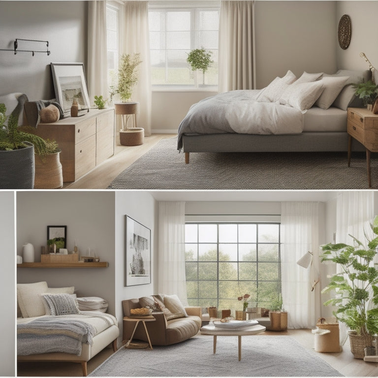 A serene, well-lit home with organized rooms: a tidy living room with a sectional sofa and minimalist decor, a clutter-free kitchen with labeled jars, and a peaceful bedroom with a made bed.