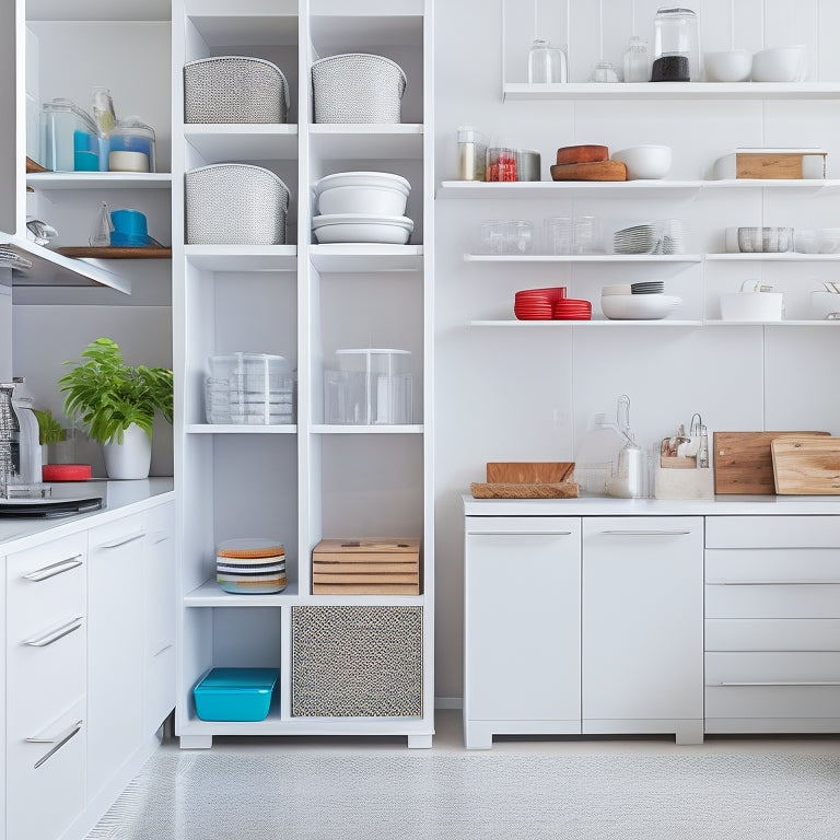 A bright, modern kitchen with sleek white cabinets, featuring a variety of smart containers: a turntable in a corner cabinet, a pegboard on a door, and stackable bins with clear lids on a shelf.