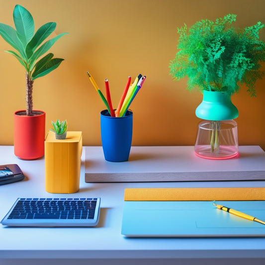 A minimalist desk with a tidy workspace, a small potted plant, a laptop, and a few essential tools like a paper planner, colorful pens, and a small stack of organized folders.