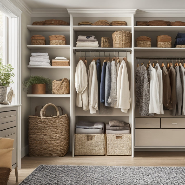 A serene, well-organized closet interior with a mix of open shelves, drawers, and hanging rods, showcasing stacked wicker baskets, labeled bins, and a few winter coats hung on velvet hangers.