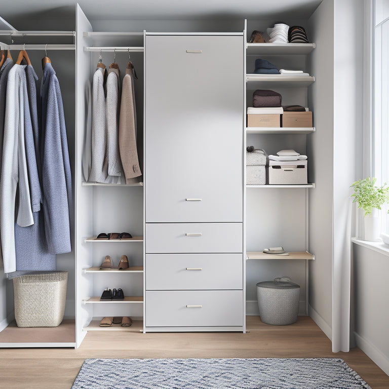 A serene, minimalist closet interior with repurposed IKEA furniture, featuring a MALM dresser transformed into a shelving unit, accompanied by a RASKOG cart turned into a shoe organizer.