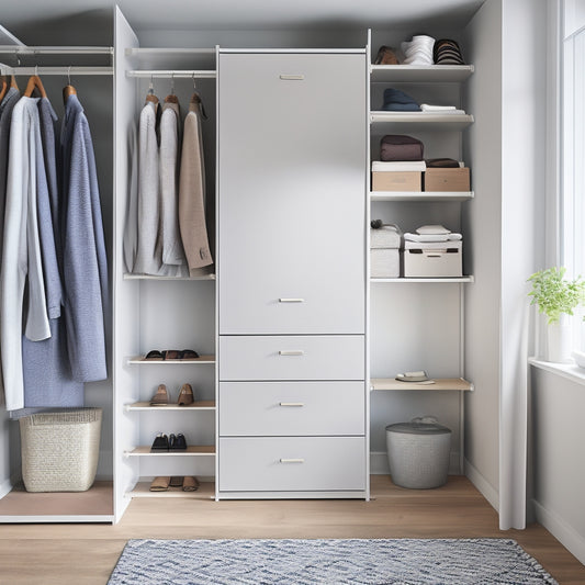 A serene, minimalist closet interior with repurposed IKEA furniture, featuring a MALM dresser transformed into a shelving unit, accompanied by a RASKOG cart turned into a shoe organizer.