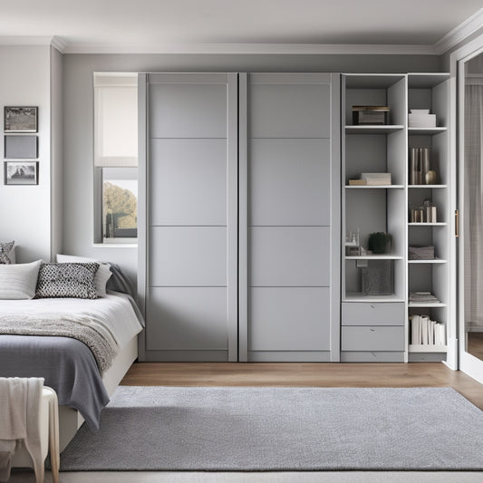 A serene, modern bedroom with a floor-to-ceiling IKEA closet system in a calming gray and white color scheme, featuring sliding doors, adjustable shelves, and a built-in dresser.