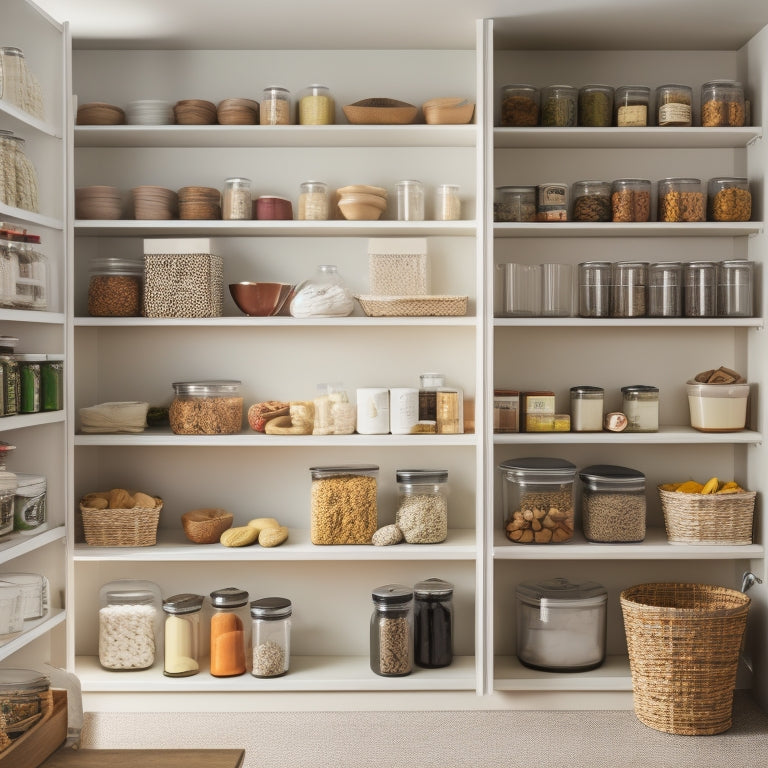 A clutter-free pantry with adjustable shelves, baskets, and spice racks in a small, modern apartment kitchen, showcasing a mix of glass jars, canned goods, and cookbooks.