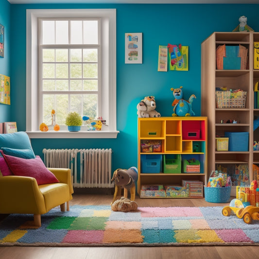 A serene, well-lit playroom with a rainbow of toys and books neatly categorized on wooden shelves, colorful bins, and a kid-sized table with a single, organized puzzle in progress.