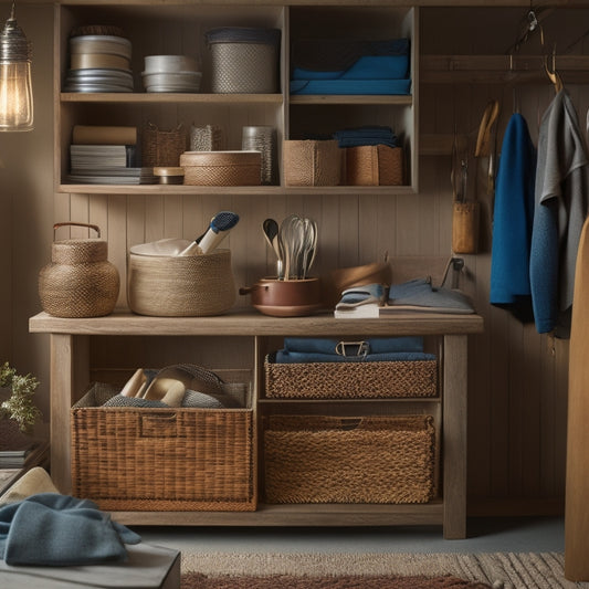 A tidy, well-lit drawer interior with various creative storage solutions, including a pegboard with hanging tools, a stack of woven baskets, and a tray with small compartments and dividers.