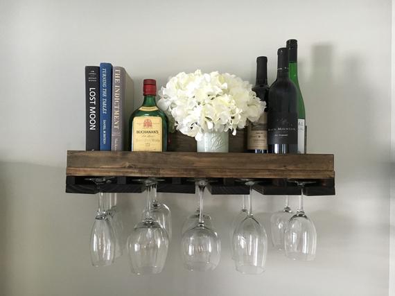 Wood Wine Rack Shelves | Wall Mounted Shelf & Stemware Glass Holder Organizer Floating Ledge Unique Rustic Bar Shelvez by DistressedMeNot