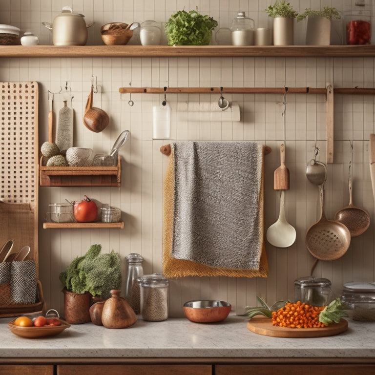 A tidy kitchen with a pegboard displaying utensils, a vintage-inspired spice rack on a reclaimed wood wall, and a woven basket storing fresh produce on a marble countertop.