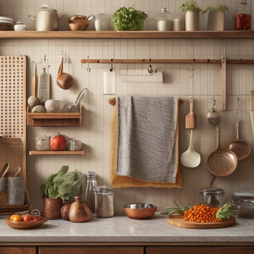 A tidy kitchen with a pegboard displaying utensils, a vintage-inspired spice rack on a reclaimed wood wall, and a woven basket storing fresh produce on a marble countertop.