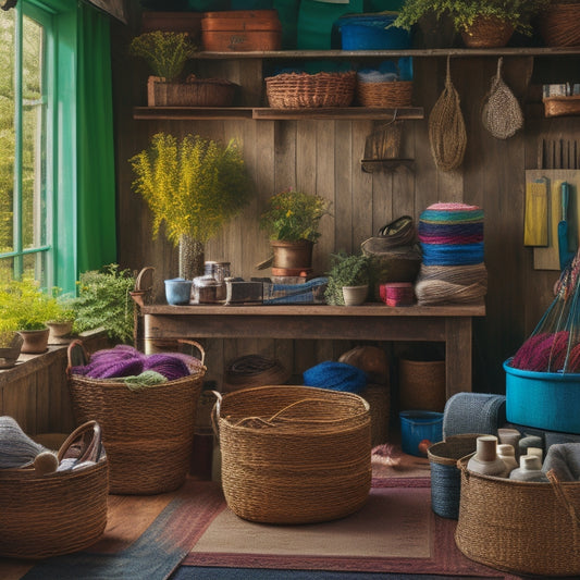 A serene, well-lit workspace with woven baskets, wooden crates, and galvanized metal tubs storing an array of colorful yarns, threads, and fabrics, surrounded by lush greenery and vintage homesteading tools.