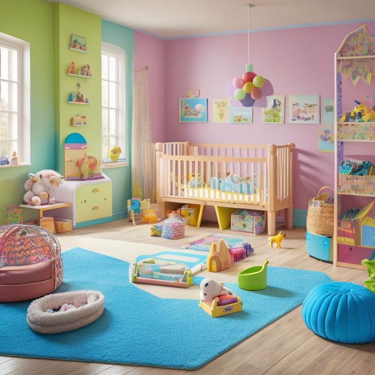 A vibrant, sunlit playroom with pastel-colored walls, plush area rugs, and a wooden play structure with stairs, tunnels, and a slide, surrounded by baskets of toys and books.