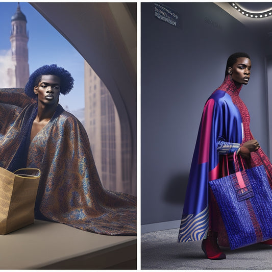 A split-screen image: on the left, a stylized Marvel superhero silhouette amidst swirling fabric patterns and fashion accessories, and on the right, a minimalist arrangement of H&M shopping bags and garment care labels.