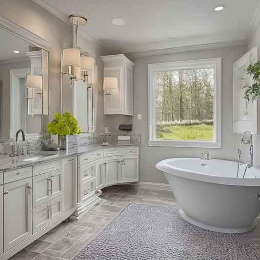 A serene master bathroom with a wall-mounted cabinet, a freestanding tub, and a spacious walk-in shower, featuring a customized storage system with woven baskets and polished chrome fixtures.