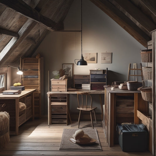 A dimly lit attic with exposed wooden beams and dusty trunks transforms into a bright, organized space with labeled storage bins, a Murphy desk, and a modern ladder leading to a hidden loft area.