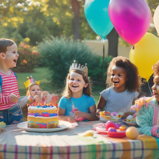 A vibrant, sunlit backyard scene with colorful balloons, a multi-tiered cake, and excited children surrounding a beaming birthday boy or girl, age 5-7, wearing a sparkly crown.