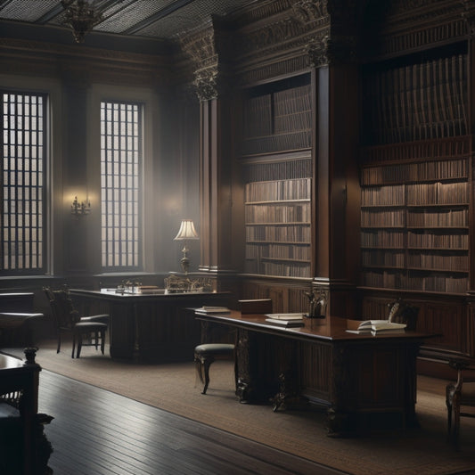 A serene, dimly lit library interior with rows of tall, wooden bookshelves, a few patrons seated at tables, and a subtle "silence" symbol () etched into the corner of a wooden desk.