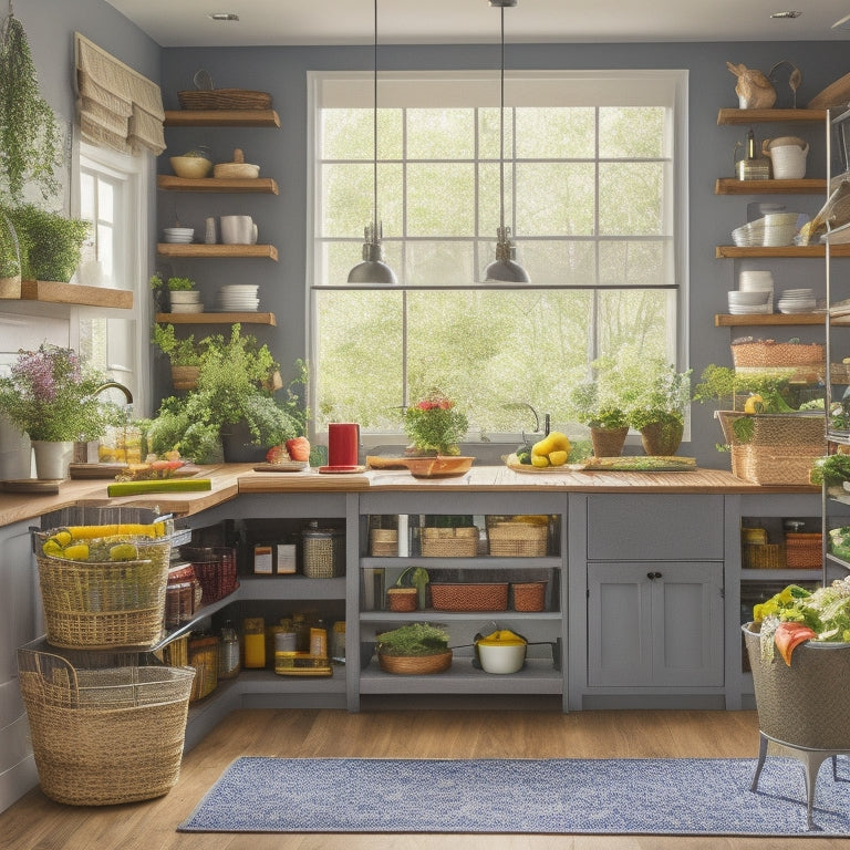 A clutter-free kitchen island with built-in shelves, a slide-out trash can, a utensil organizer, and a butcher block top, surrounded by colorful cookbooks and potted herbs.