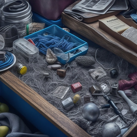 A partially open drawer overflowing with clutter, with a few organized items peeking out from beneath the chaos, surrounded by messy cords and dusty decorations.