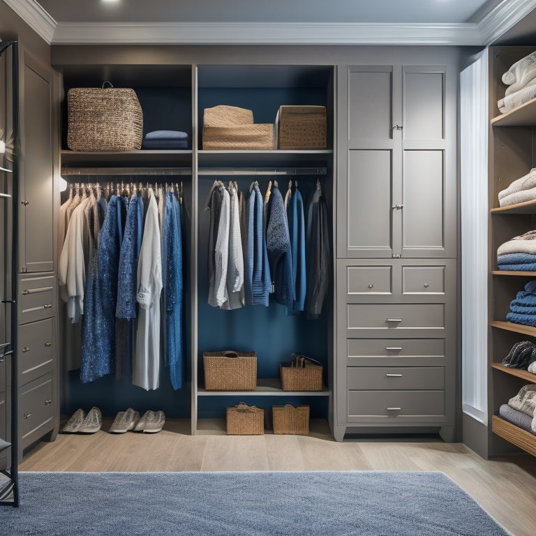 A serene, well-lit closet interior with a custom organizer system featuring adjustable shelves, soft-close drawers, and a clothing rod with evenly spaced, velvet-covered hangers.