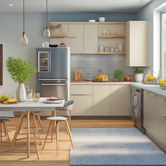 A clutter-free, modern kitchen with a compact refrigerator, a foldable kitchen island, and a wall-mounted pot rack, surrounded by sleek countertops and a small, circular dining table.