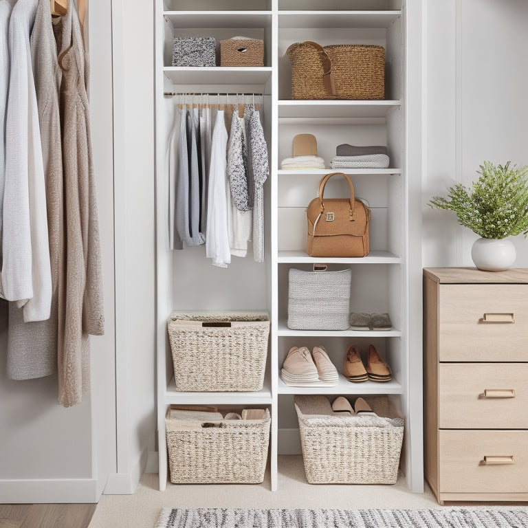 A clutter-free small closet with a mix of open shelves, drawers, and hanging rods, featuring stackable baskets, hanging organizers, and a shoe rack, all in a calming white and wood tone aesthetic.