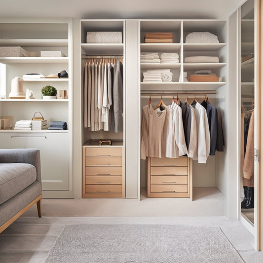A serene, modern walk-in closet with sleek, floor-to-ceiling shelves, drawers, and rods in a calming white and wood tone color scheme, with a few tastefully arranged clothing items and accessories.