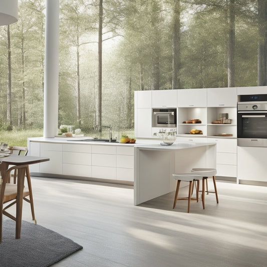 A sleek, modern kitchen featuring a central island with a foldable breakfast bar, retractable stools, and a hidden storage compartment, set against a calming background of soft whites and warm woods.