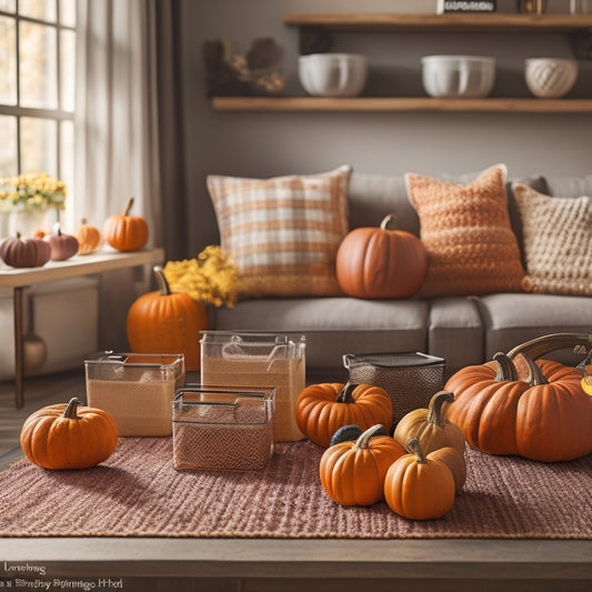 An image featuring a cozy, organized living room with a pumpkin and leaves on a coffee table, surrounded by neatly labeled storage bins and a calendar with fall and winter dates marked.